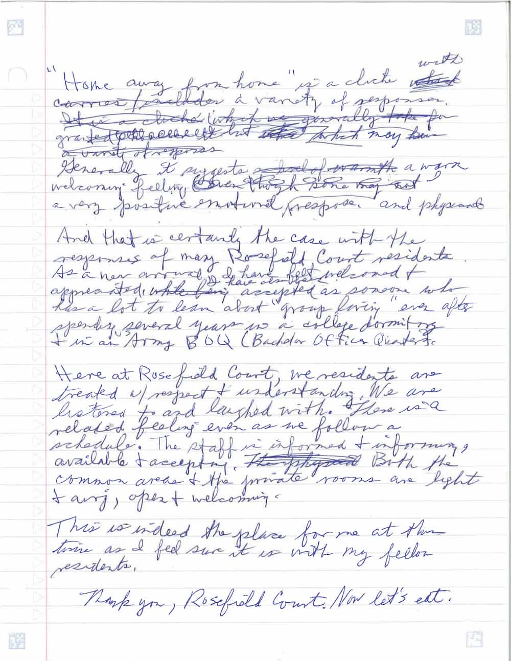 handwritten letter from a 12 Oaks Senior Living resident